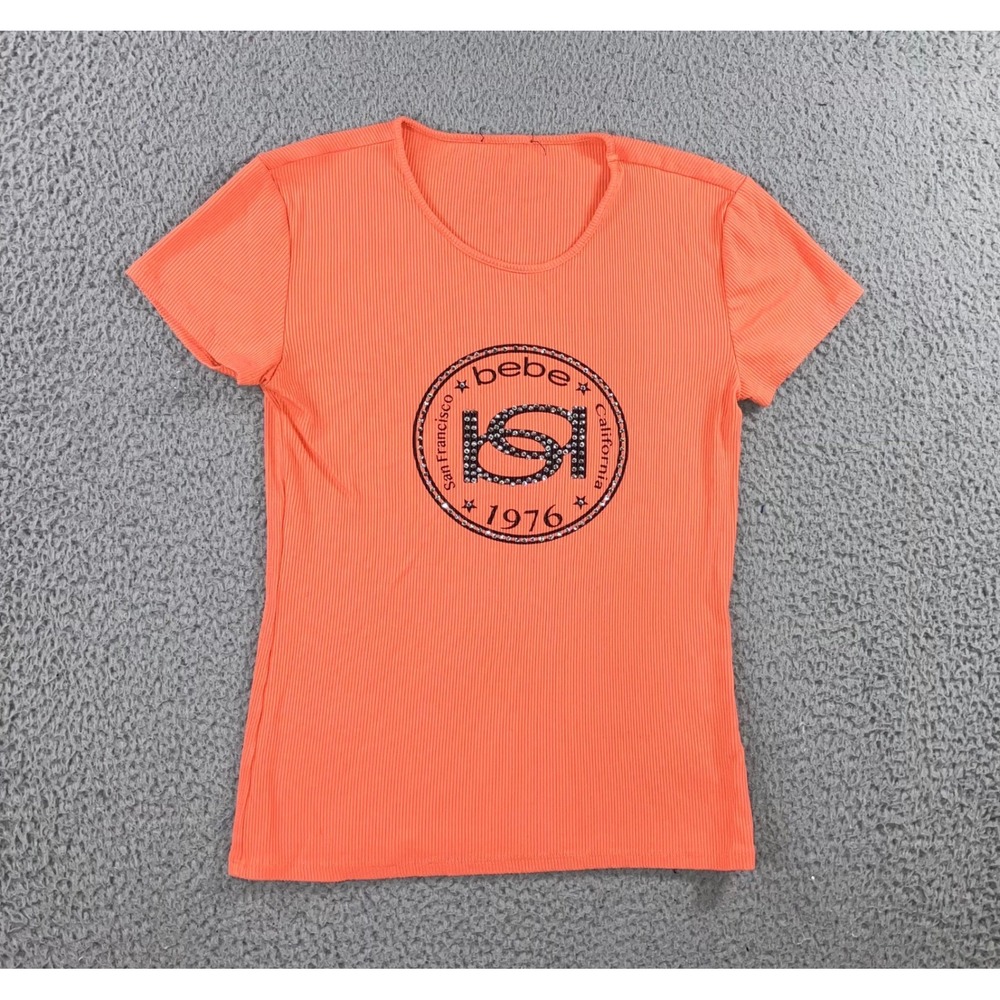 Bebe Graphic‎ Tee Women S Orange Rhinestone Logo Ribbed S/S y2k Bling Retro